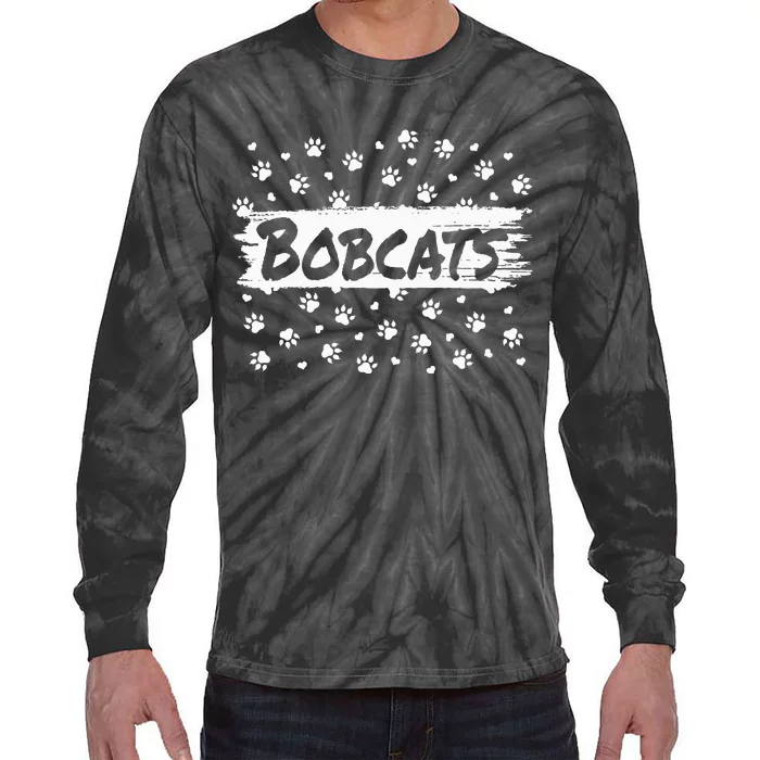 Bobcats Mascot Back To School Spirit Footprint Heart Squad Tie-Dye Long Sleeve Shirt