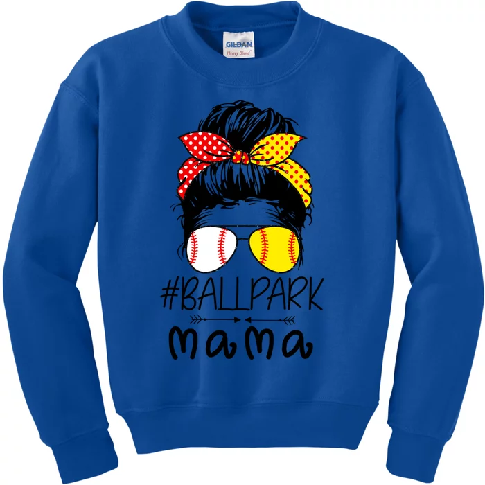 Ballpark Mama Baseball Softball Mother's Day Mom Messy Bun Funny Gift Kids Sweatshirt