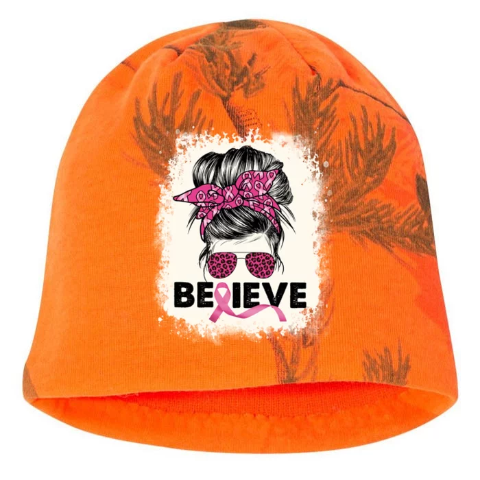 Believe Messy Bun Breast Cancer Awareness Pink Ribbon Gift Kati - Camo Knit Beanie