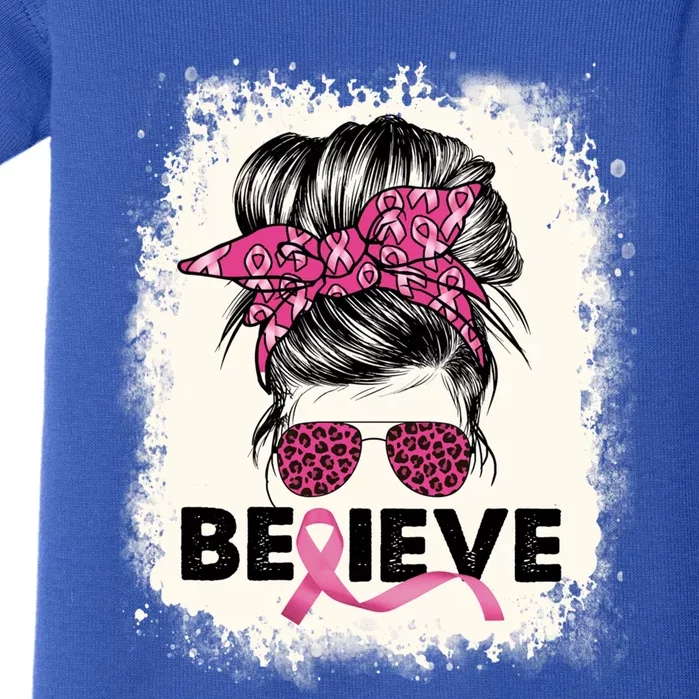 Believe Messy Bun Breast Cancer Awareness Pink Ribbon Gift Baby Bodysuit