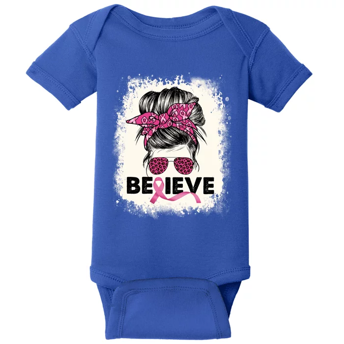 Believe Messy Bun Breast Cancer Awareness Pink Ribbon Gift Baby Bodysuit