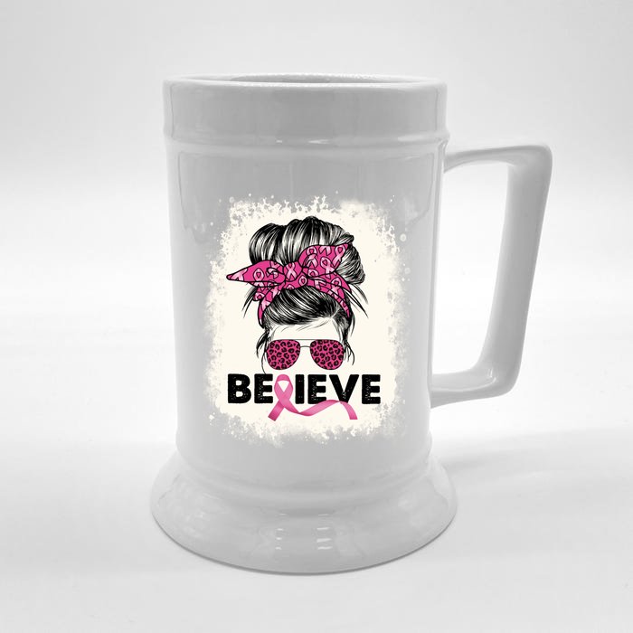 Believe Messy Bun Breast Cancer Awareness Pink Ribbon Gift Front & Back Beer Stein