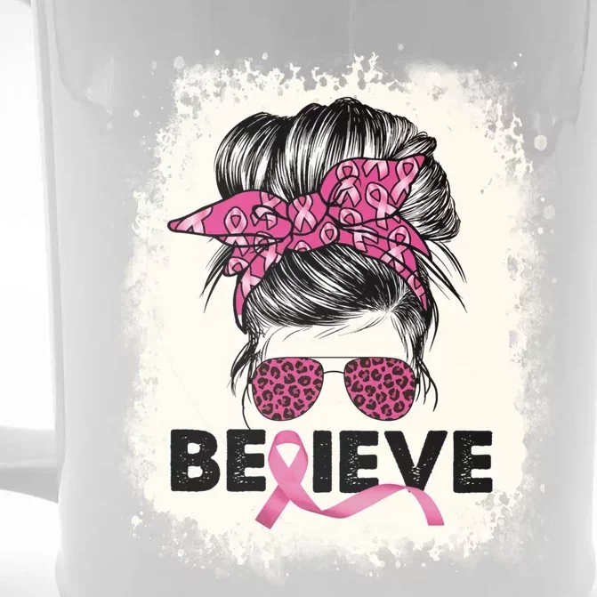 Believe Messy Bun Breast Cancer Awareness Pink Ribbon Gift Front & Back Beer Stein