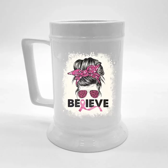 Believe Messy Bun Breast Cancer Awareness Pink Ribbon Gift Front & Back Beer Stein