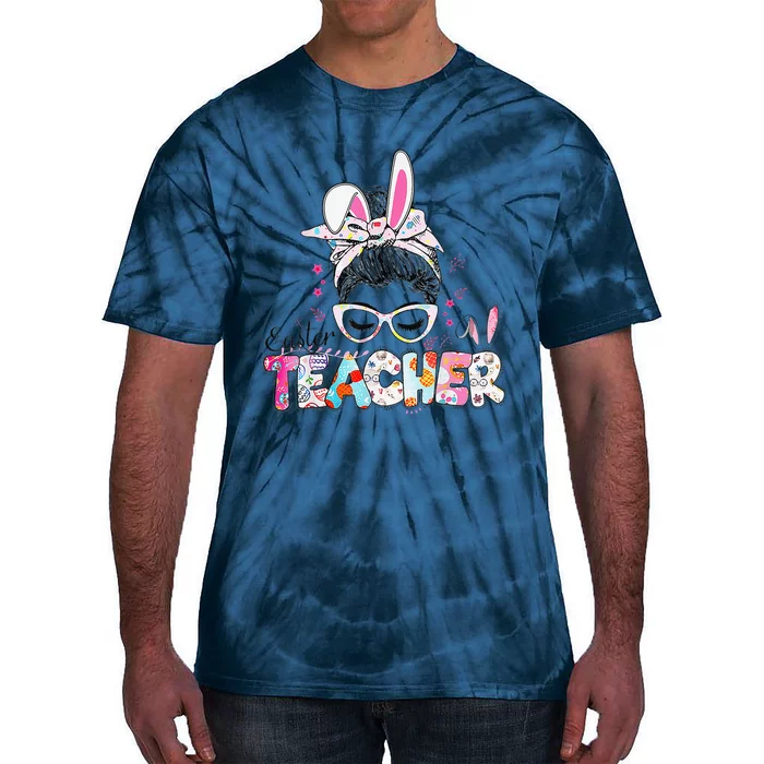 Bunny Messy Bun Easter Teacher Easter Day Women Tie-Dye T-Shirt