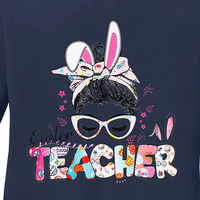 Bunny Messy Bun Easter Teacher Easter Day Women Ladies Long Sleeve Shirt