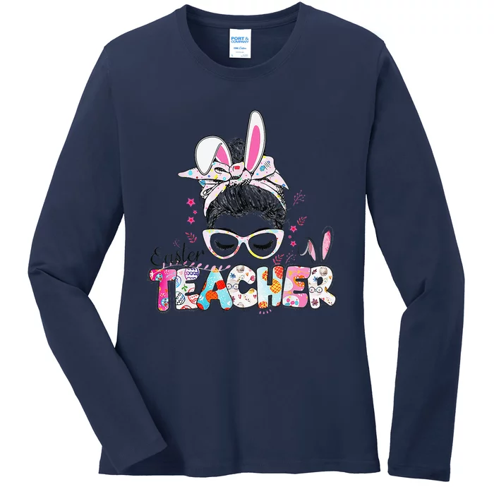 Bunny Messy Bun Easter Teacher Easter Day Women Ladies Long Sleeve Shirt