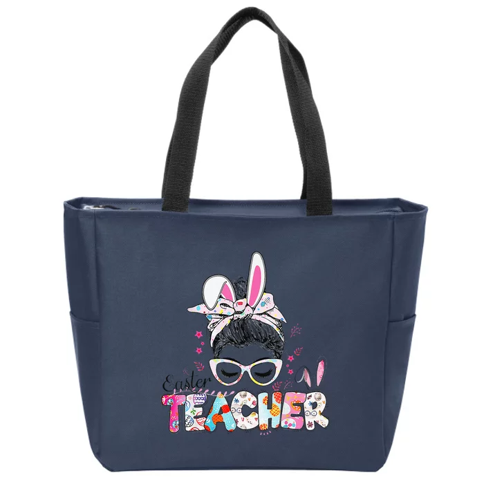 Bunny Messy Bun Easter Teacher Easter Day Women Zip Tote Bag