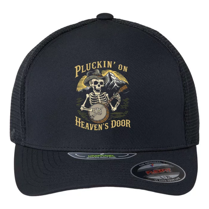 Bluegrass Music Banjo Skeleton Pluckin On Heavens Door Flexfit Unipanel Trucker Cap