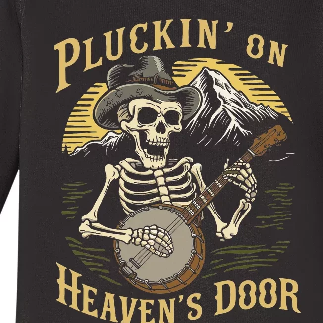 Bluegrass Music Banjo Skeleton Pluckin On Heavens Door Baby Long Sleeve Bodysuit