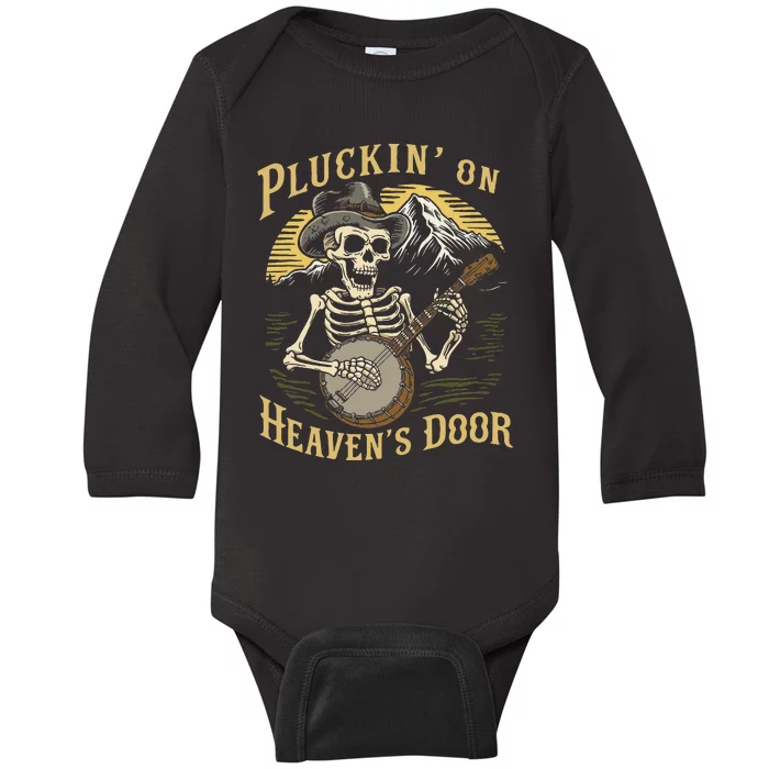 Bluegrass Music Banjo Skeleton Pluckin On Heavens Door Baby Long Sleeve Bodysuit