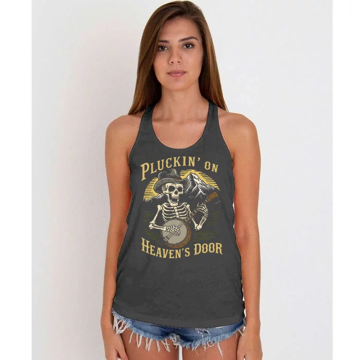 Bluegrass Music Banjo Skeleton Pluckin On Heavens Door Women's Knotted Racerback Tank