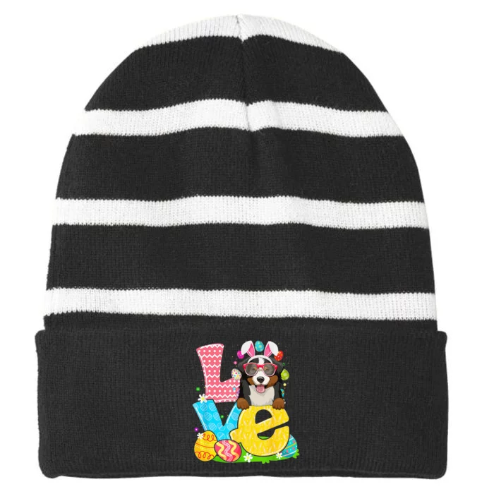 Bernese Mountain Bunny Face Dog Easter Day Striped Beanie with Solid Band