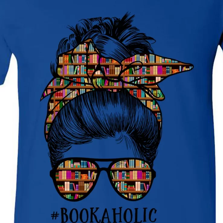 Bookaholic Messy Bun Reading Lovers Book Reader Gift Cool Gift V-Neck T-Shirt