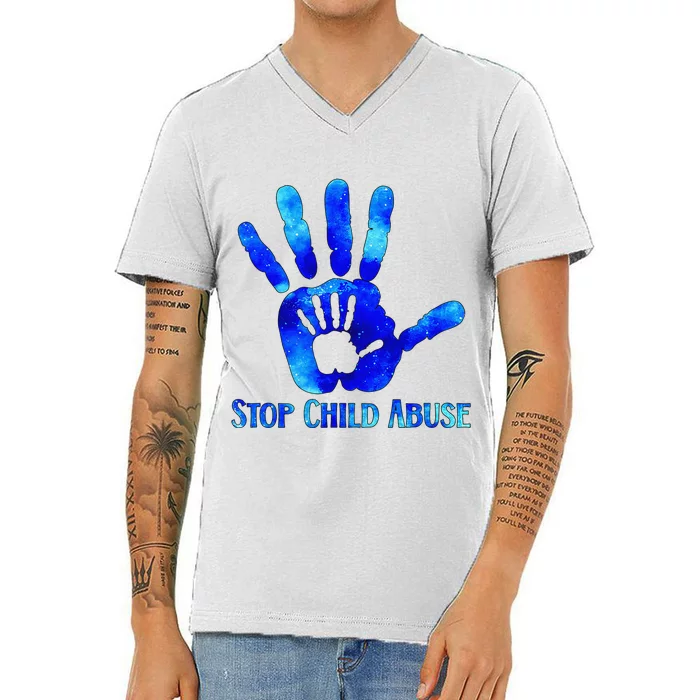 Blue Messy Bun Black  Child Abuse Prevention Awareness V-Neck T-Shirt