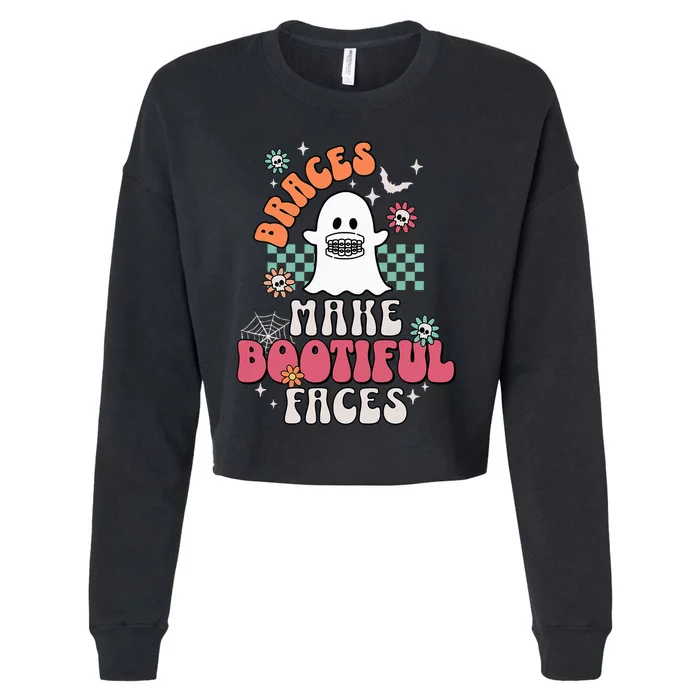 Braces Make Beautiful Faces Groovy Orthodontist Halloween Cropped Pullover Crew