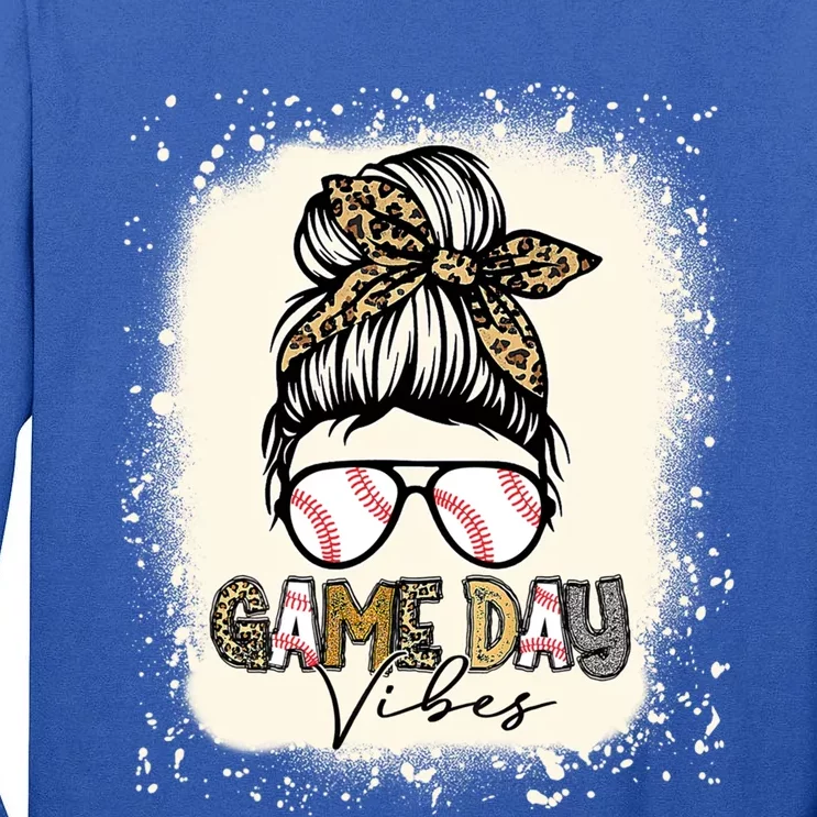 Bleached Messy Bun Game Day Vibes Baseball Mom Game Day Cool Gift Tall Long Sleeve T-Shirt