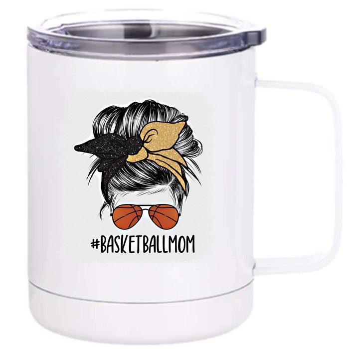 Basketball Mom Black And Gold Messy Bun Hair Great Gift Front & Back 12oz Stainless Steel Tumbler Cup