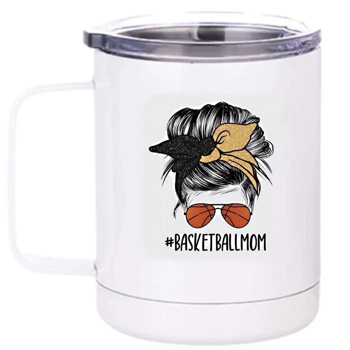 Basketball Mom Black And Gold Messy Bun Hair Great Gift Front & Back 12oz Stainless Steel Tumbler Cup