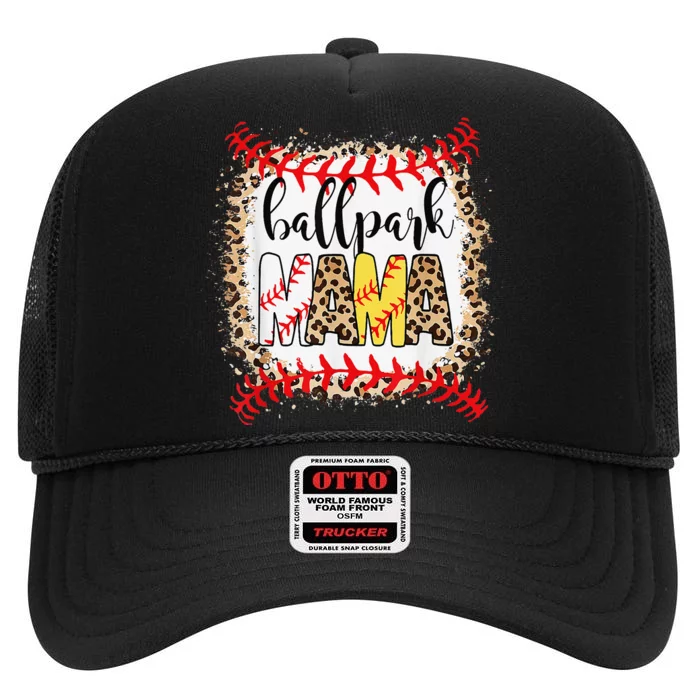 Ballpark Mama Ball Happy Mother's Day Leopard Bleached High Crown Mesh Trucker Hat