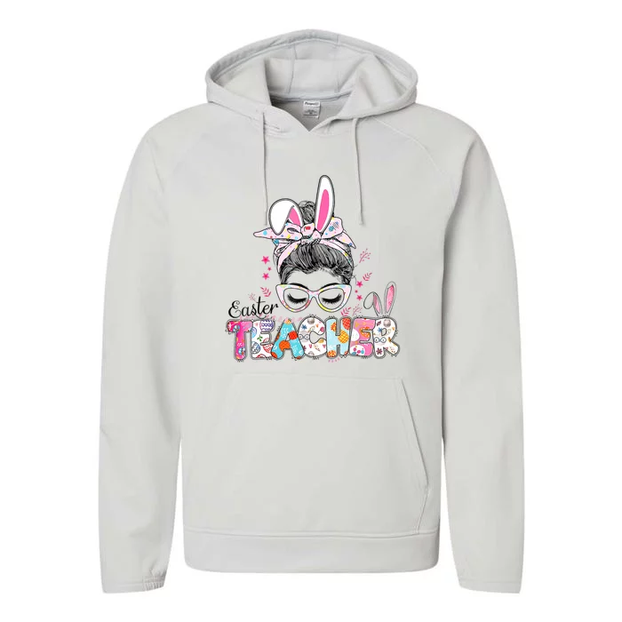 Bunny Messy Bun Easter Teacher Easter Day Girl Wo Performance Fleece Hoodie