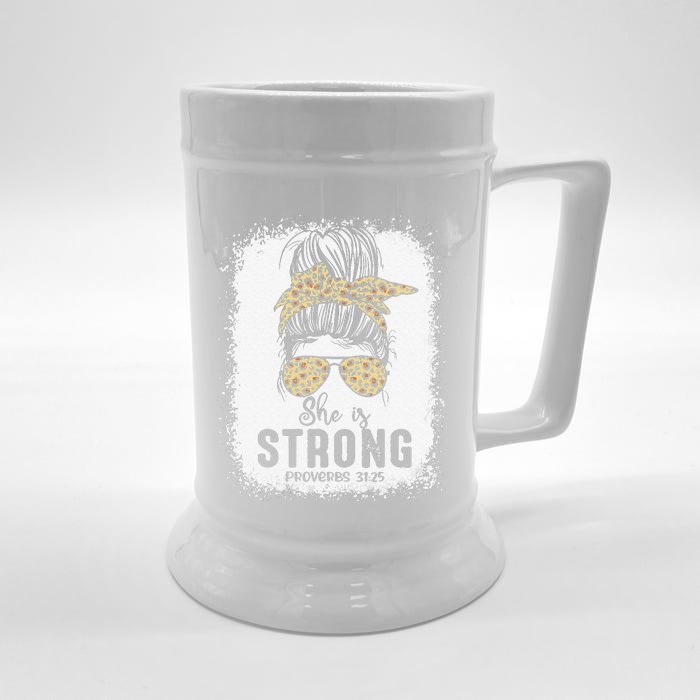 Bleached Messy Bun She Is Strong Proverbs Mother's Day Front & Back Beer Stein