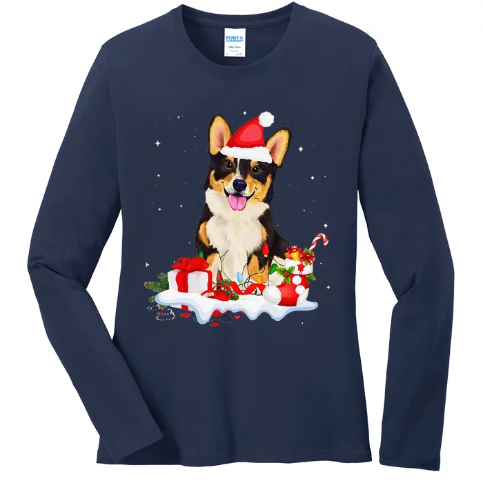 Blue Merle Cardigan Corgi Christmas Santa Hat Love Corgi Ladies Long Sleeve Shirt