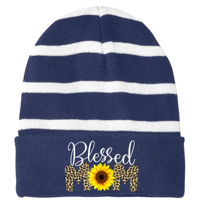 Blessed Mom Cheetah Sunflower Striped Beanie with Solid Band