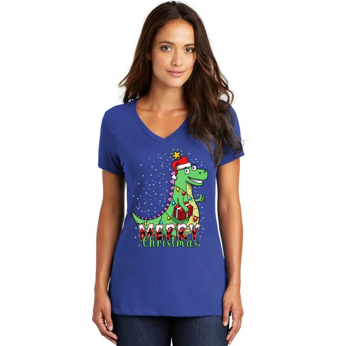 Boys Merry Christmas Tree Dinosaur Tmeaningful Giftrex Xmas Pajama Gift Women's V-Neck T-Shirt