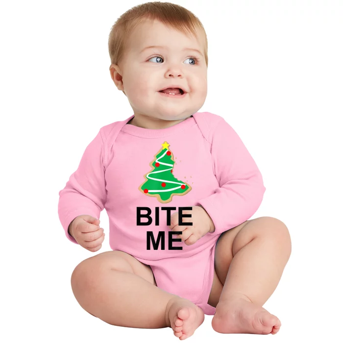 Bite Me Christmas Tree Cookie Funny Graphic Baby Long Sleeve Bodysuit