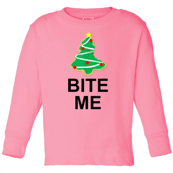 Bite Me Christmas Tree Cookie Funny Graphic Toddler Long Sleeve Shirt