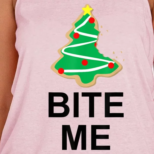 Bite Me Christmas Tree Cookie Funny Graphic Women's Knotted Racerback Tank