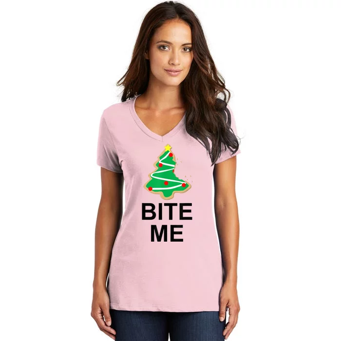 Bite Me Christmas Tree Cookie Funny Graphic Women's V-Neck T-Shirt