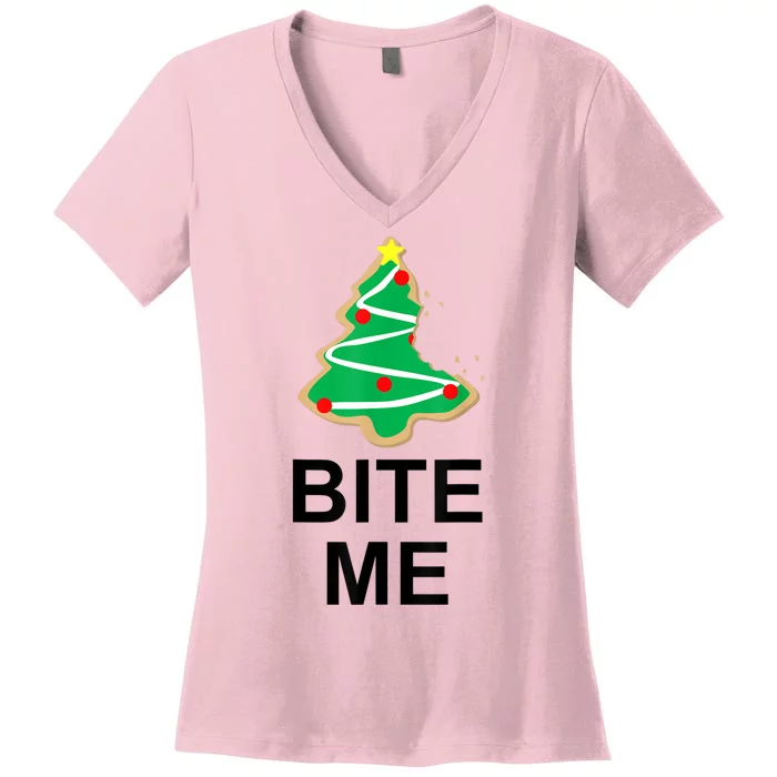 Bite Me Christmas Tree Cookie Funny Graphic Women's V-Neck T-Shirt