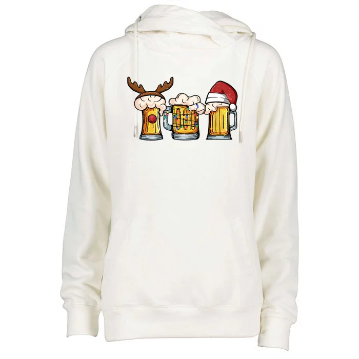 Beer Mug Christmas Tree Lights Santa Claus Hat Reindeer Xmas Gift Womens Funnel Neck Pullover Hood