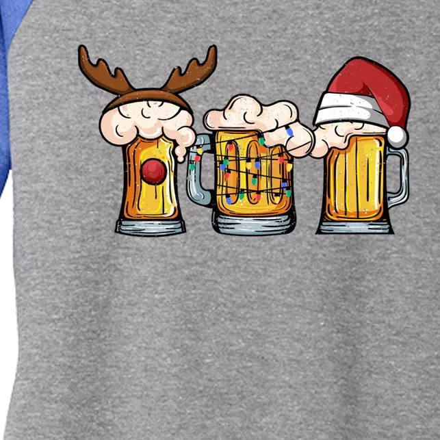 Beer Mug Christmas Tree Lights Santa Claus Hat Reindeer Xmas Gift Women's Tri-Blend 3/4-Sleeve Raglan Shirt