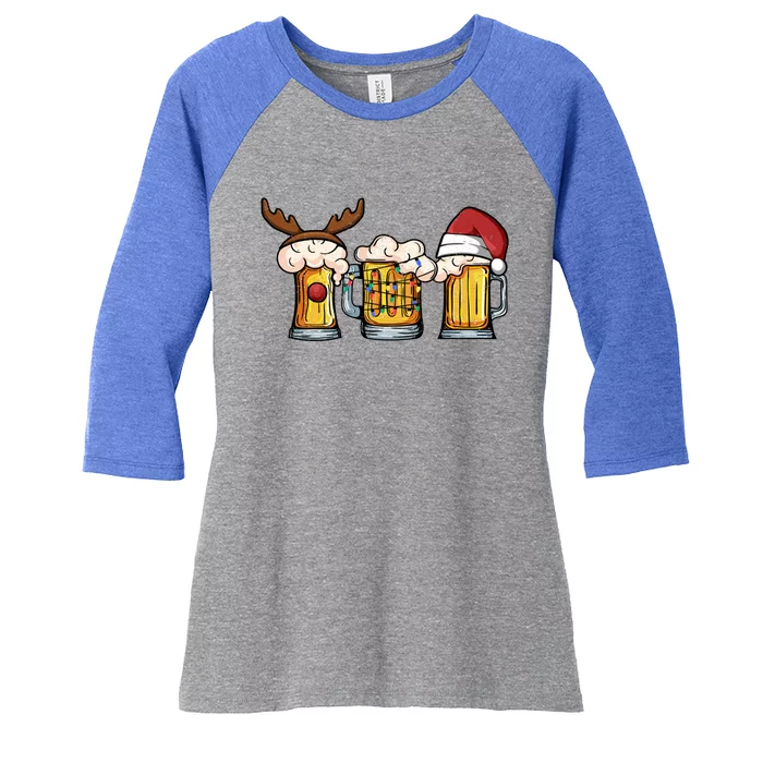 Beer Mug Christmas Tree Lights Santa Claus Hat Reindeer Xmas Gift Women's Tri-Blend 3/4-Sleeve Raglan Shirt