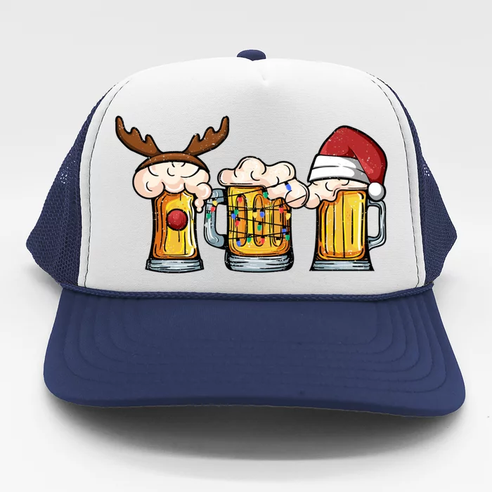 Beer Mug Christmas Tree Lights Santa Claus Hat Reindeer Xmas Gift Trucker Hat