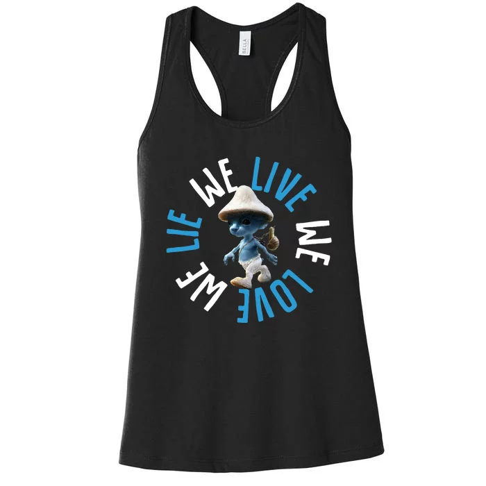 Blue Mushroom Cat Meme We Live We Love We Lie Women's Racerback Tank