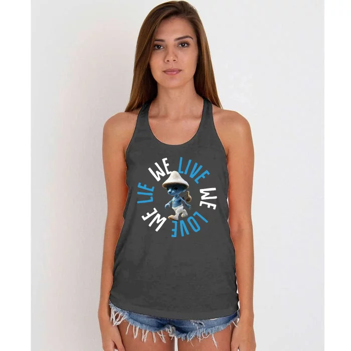 Blue Mushroom Cat Meme We Live We Love We Lie Women's Knotted Racerback Tank