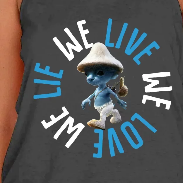 Blue Mushroom Cat Meme We Live We Love We Lie Women's Knotted Racerback Tank