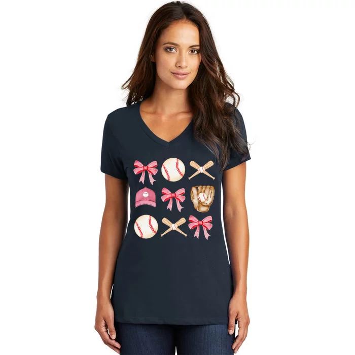 Baseball Mom Coquette Mothers Day Women Baseball Mama Women's V-Neck T-Shirt