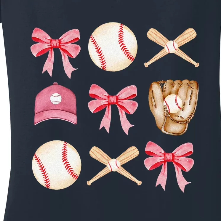 Baseball Mom Coquette Mothers Day Women Baseball Mama Women's V-Neck T-Shirt