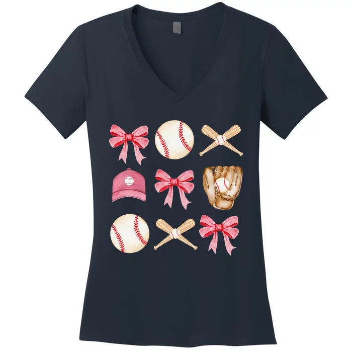 Baseball Mom Coquette Mothers Day Women Baseball Mama Women's V-Neck T-Shirt