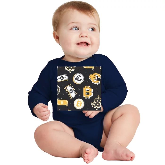 Bitcoin Money Currency Pixel Baby Long Sleeve Bodysuit