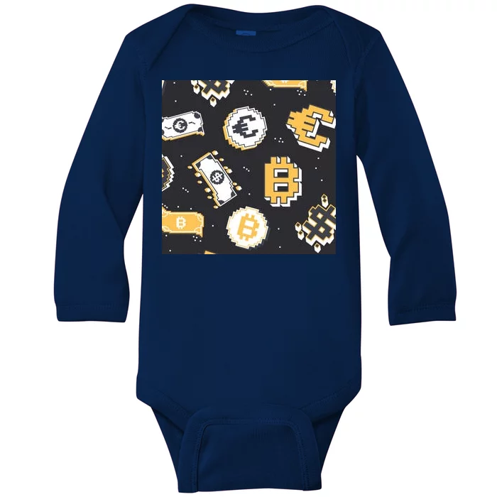 Bitcoin Money Currency Pixel Baby Long Sleeve Bodysuit