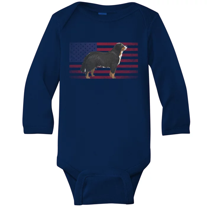 Burnese Mountain Dog 4th Of July American Flag America Usa Gift Baby Long Sleeve Bodysuit