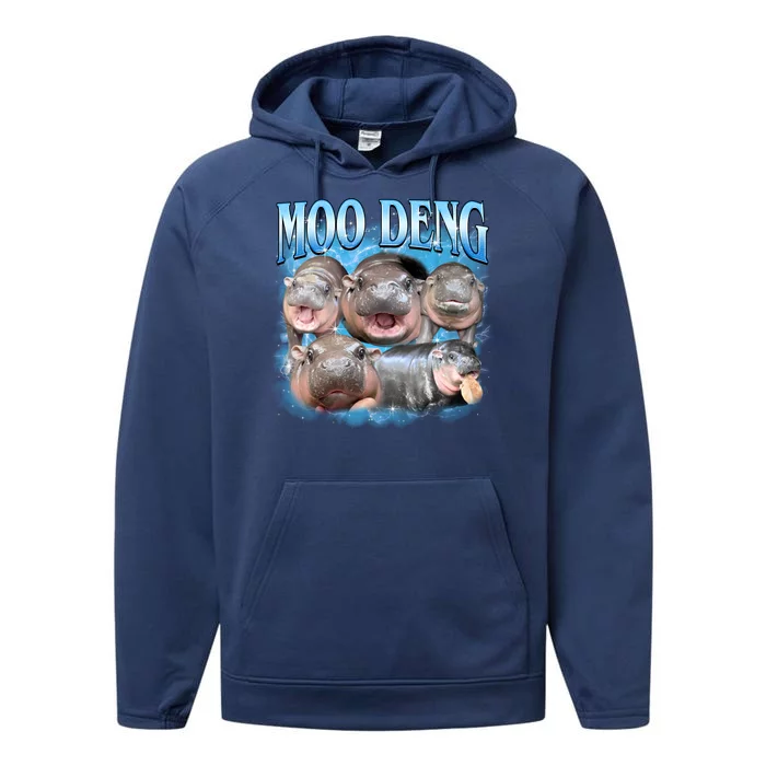 Blue Moo Deng Meme Hippo Funny Performance Fleece Hoodie