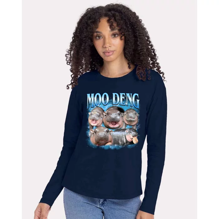 Blue Moo Deng Meme Hippo Funny Womens Cotton Relaxed Long Sleeve T-Shirt