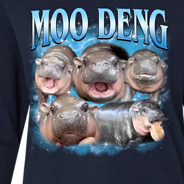 Blue Moo Deng Meme Hippo Funny Womens Cotton Relaxed Long Sleeve T-Shirt